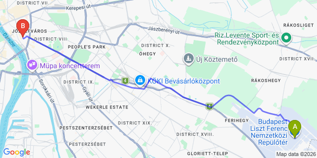 Map: Budapest Airport (BUD), Ferihegy, Liszt Ferenc to Budapest 1092