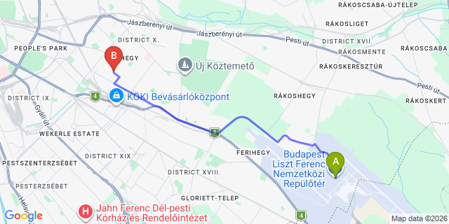 Map: Budapest Airport (BUD), Ferihegy, Liszt Ferenc to Budapest 1103