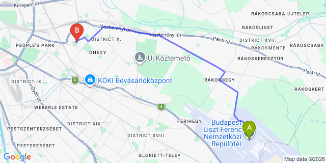 Map: Budapest Airport (BUD), Ferihegy, Liszt Ferenc to Budapest 1105