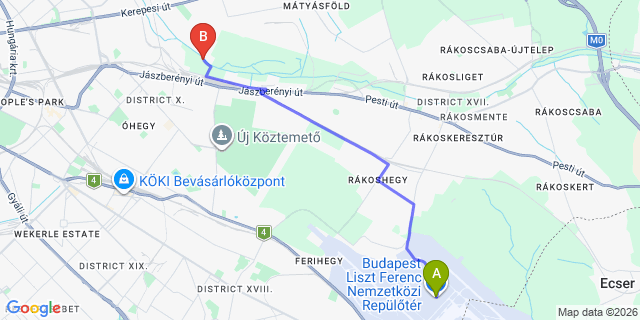 Map: Budapest Airport (BUD), Ferihegy, Liszt Ferenc to Budapest 1106