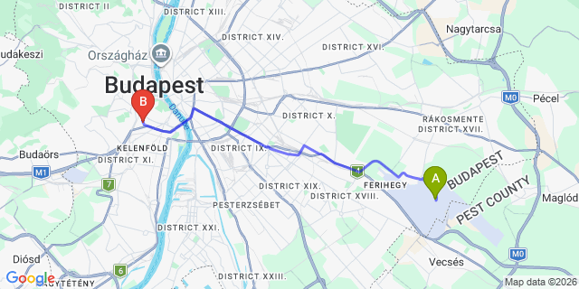 Map: Budapest Airport (BUD), Ferihegy, Liszt Ferenc to Budapest 1113