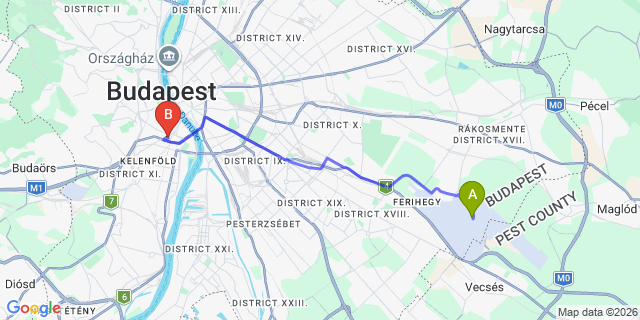 Map: Budapest Airport (BUD), Ferihegy, Liszt Ferenc to Budapest 1114