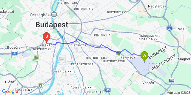 Map: Budapest Airport (BUD), Ferihegy, Liszt Ferenc to Budapest 1115