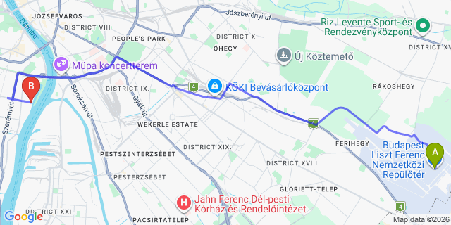 Map: Budapest Airport (BUD), Ferihegy, Liszt Ferenc to Budapest 1117