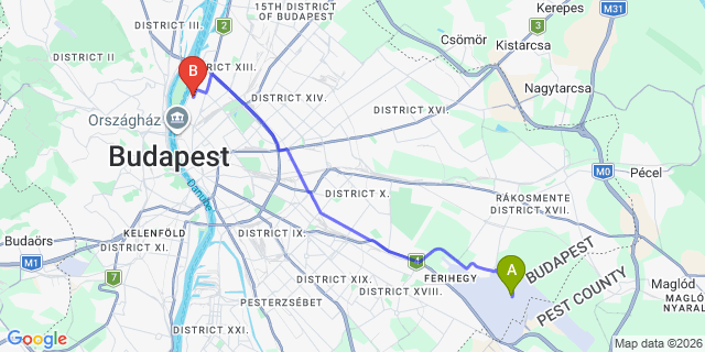 Map: Budapest Airport (BUD), Ferihegy, Liszt Ferenc to Budapest 1133