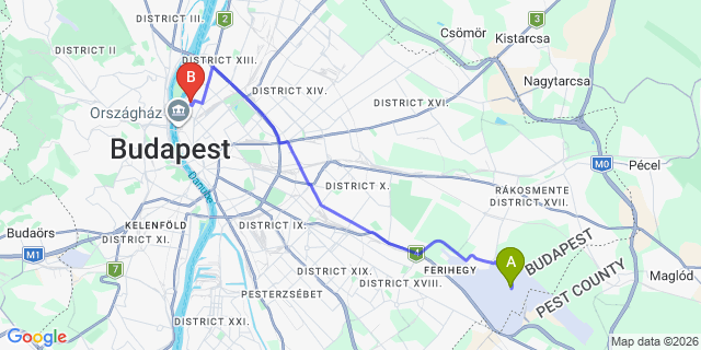 Map: Budapest Airport (BUD), Ferihegy, Liszt Ferenc to Budapest 1136