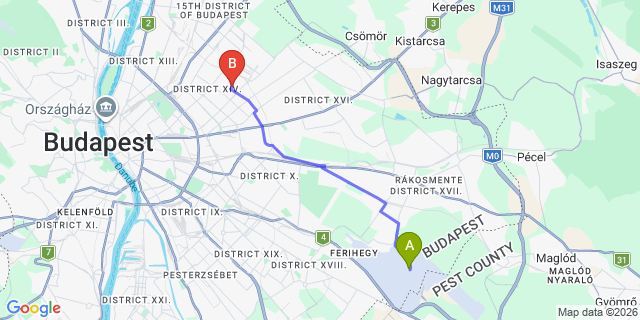 Map: Budapest Airport (BUD), Ferihegy, Liszt Ferenc to Budapest 1141
