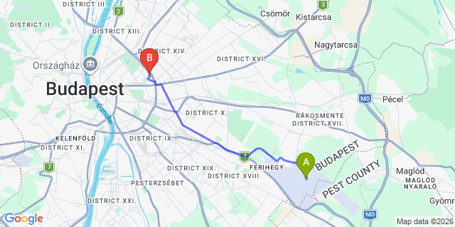 Map: Budapest Airport (BUD), Ferihegy, Liszt Ferenc to Budapest 1143