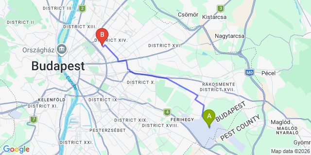 Map: Budapest Airport (BUD), Ferihegy, Liszt Ferenc to Budapest 1145