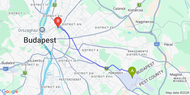Map: Budapest Airport (BUD), Ferihegy, Liszt Ferenc to Budapest 1146
