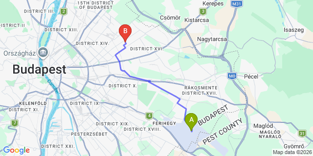 Map: Budapest Airport (BUD), Ferihegy, Liszt Ferenc to Budapest 1161