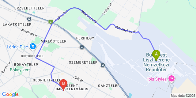 Map: Budapest Airport (BUD), Ferihegy, Liszt Ferenc to Budapest 1182