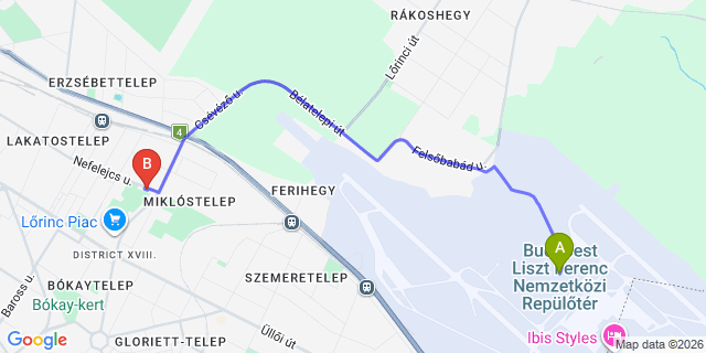 Map: Budapest Airport (BUD), Ferihegy, Liszt Ferenc to Budapest 1183