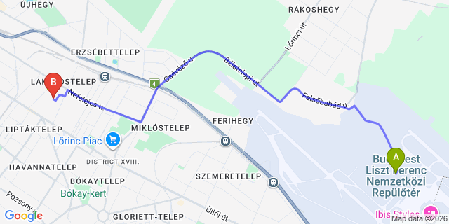 Map: Budapest Airport (BUD), Ferihegy, Liszt Ferenc to Budapest 1184