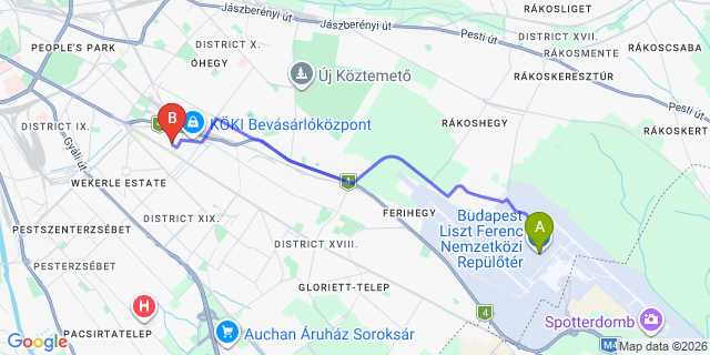 Map: Budapest Airport (BUD), Ferihegy, Liszt Ferenc to Budapest 1191
