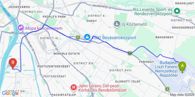 Map: Budapest Airport (BUD), Ferihegy, Liszt Ferenc to Budapest 1211