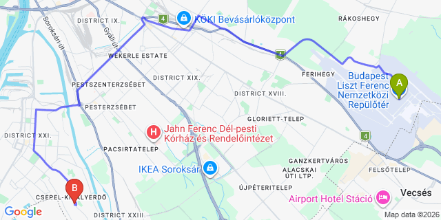Map: Budapest Airport (BUD), Ferihegy, Liszt Ferenc to Budapest 1213