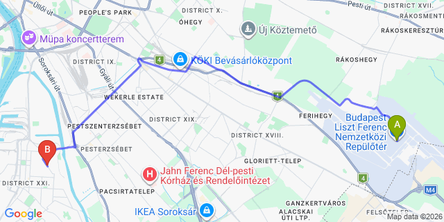 Map: Budapest Airport (BUD), Ferihegy, Liszt Ferenc to Budapest 1215