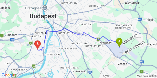 Map: Budapest Airport (BUD), Ferihegy, Liszt Ferenc to Budapest 1221