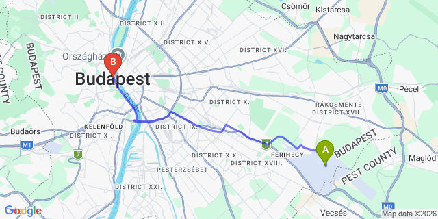 Map: Budapest Airport (BUD), Ferihegy, Liszt Ferenc to Budapest 1232