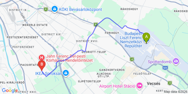 Map: Budapest Airport (BUD), Ferihegy, Liszt Ferenc to Budapest 1237