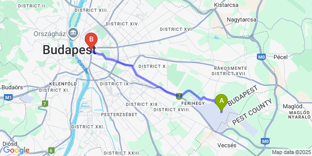 Map: Budapest Airport (BUD), Ferihegy, Liszt Ferenc to Budapest Three Cats Hostel