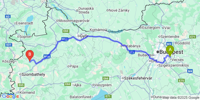 Map: Budapest Airport (BUD), Ferihegy, Liszt Ferenc to Bükfürdő