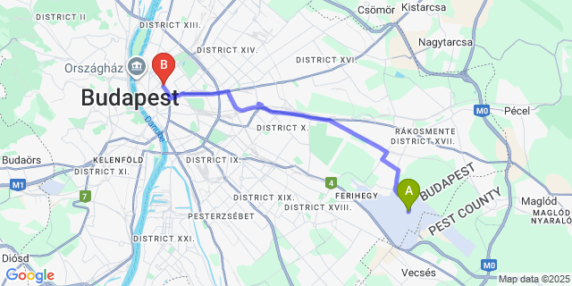 Map: Budapest Airport (BUD), Ferihegy, Liszt Ferenc to Butterfly Home Danube