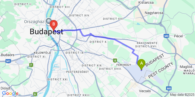 Map: Budapest Airport (BUD), Ferihegy, Liszt Ferenc to Carat Boutique Hotel