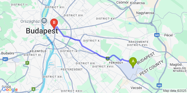 Map: Budapest Airport (BUD), Ferihegy, Liszt Ferenc to Casa Nora Private Rooms