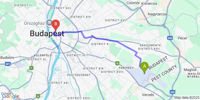 Map: Budapest Airport (BUD), Ferihegy, Liszt Ferenc to Casati Hotel - Adults Only