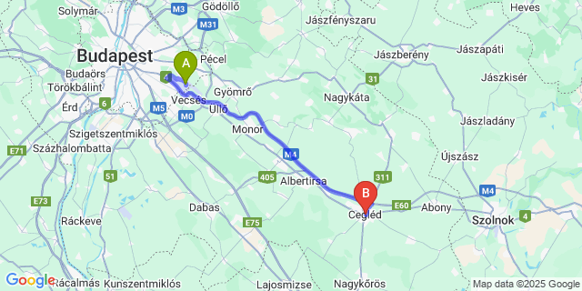 Map: Budapest Airport (BUD), Ferihegy, Liszt Ferenc to Cegléd