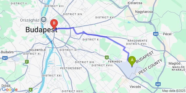 Map: Budapest Airport (BUD), Ferihegy, Liszt Ferenc to Centrooms House