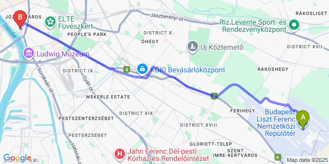 Map: Budapest Airport (BUD), Ferihegy, Liszt Ferenc to City Hostel Buda