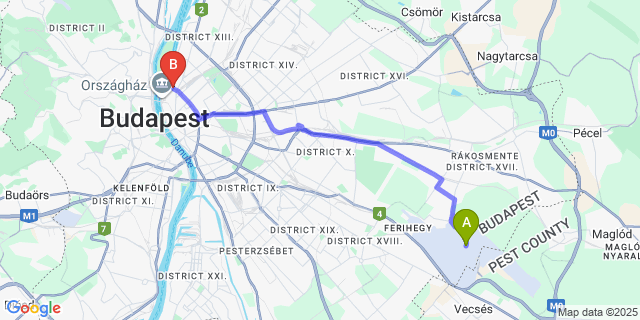 Map: Budapest Airport (BUD), Ferihegy, Liszt Ferenc to City Hotel Ring