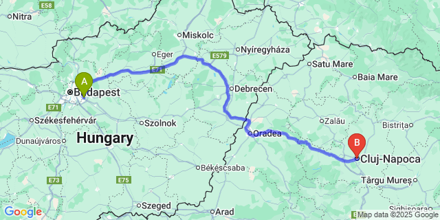 Map: Budapest Airport (BUD), Ferihegy, Liszt Ferenc to Cluj-Napoca