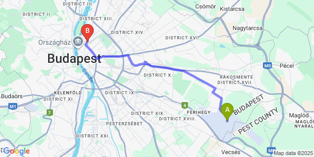 Map: Budapest Airport (BUD), Ferihegy, Liszt Ferenc to Crowne Plaza Budapest Váci út 1-3.