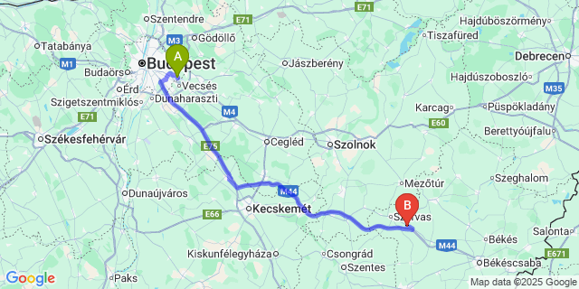 Map: Budapest Airport (BUD), Ferihegy, Liszt Ferenc to Csabacsűd