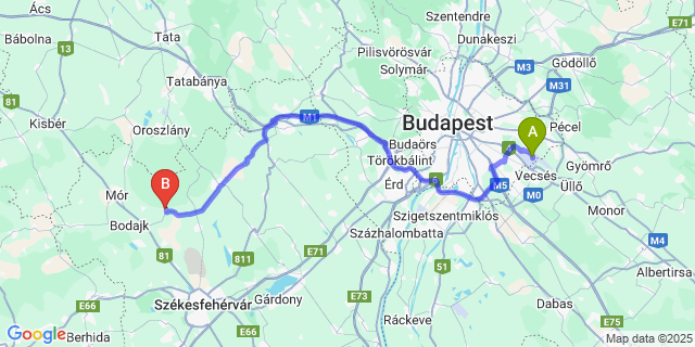 Map: Budapest Airport (BUD), Ferihegy, Liszt Ferenc to Csákberény