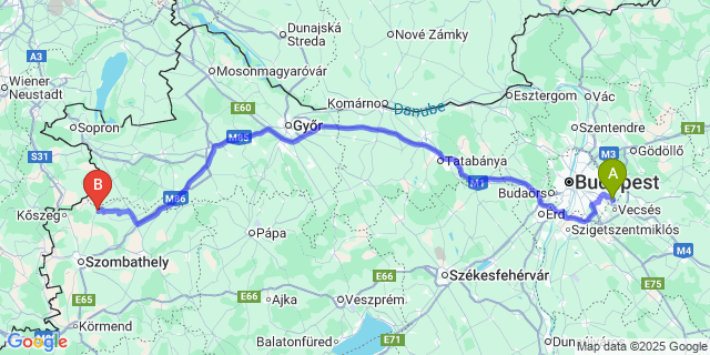 Map: Budapest Airport (BUD), Ferihegy, Liszt Ferenc to Csepreg