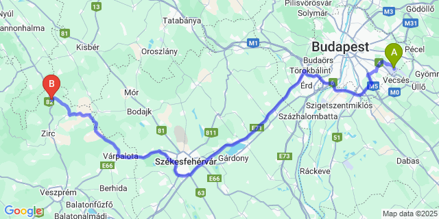 Map: Budapest Airport (BUD), Ferihegy, Liszt Ferenc to Csesznek