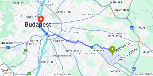 Map: Budapest Airport (BUD), Ferihegy, Liszt Ferenc to D8 Hotel