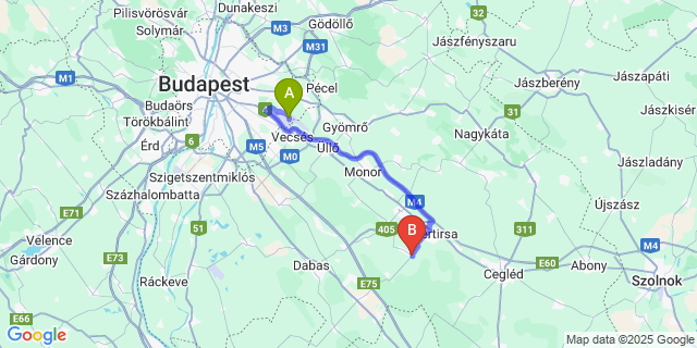Map: Budapest Airport (BUD), Ferihegy, Liszt Ferenc to Dánszentmiklós