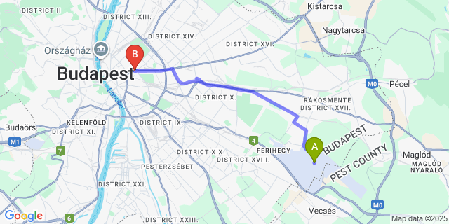 Map: Budapest Airport (BUD), Ferihegy, Liszt Ferenc to Danubius Hotel Budapest