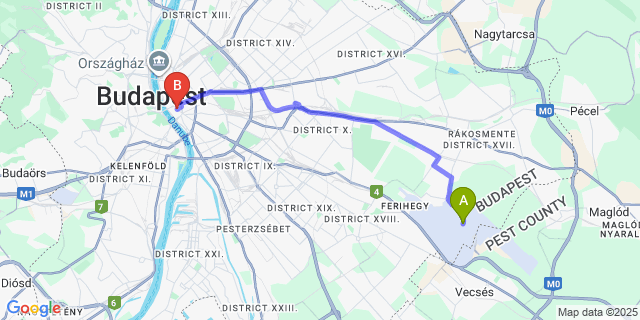 Map: Budapest Airport (BUD), Ferihegy, Liszt Ferenc to Danubius Hotel Erzsébet City Center