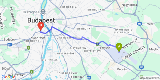 Map: Budapest Airport (BUD), Ferihegy, Liszt Ferenc to Danubius Hotel Flamenco
