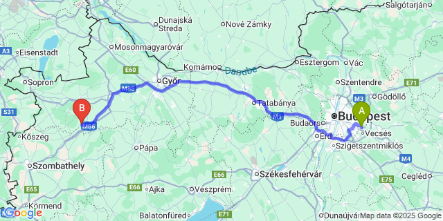 Map: Budapest Airport (BUD), Ferihegy, Liszt Ferenc to Dénesfa