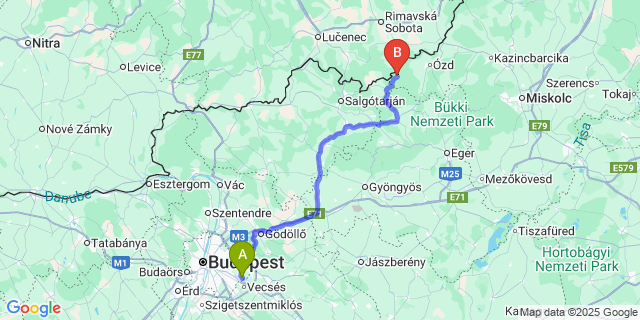 Map: Budapest Airport (BUD), Ferihegy, Liszt Ferenc to Domaháza