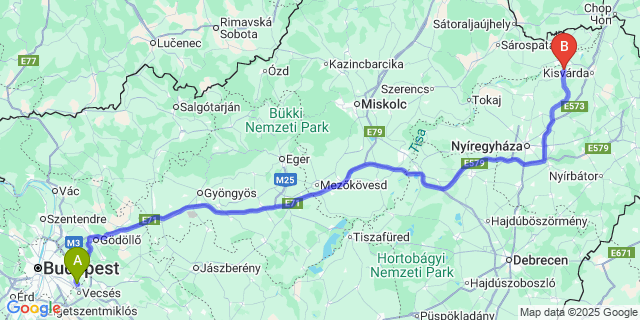 Map: Budapest Airport (BUD), Ferihegy, Liszt Ferenc to Dombrád