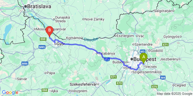 Map: Budapest Airport (BUD), Ferihegy, Liszt Ferenc to Dunaszeg